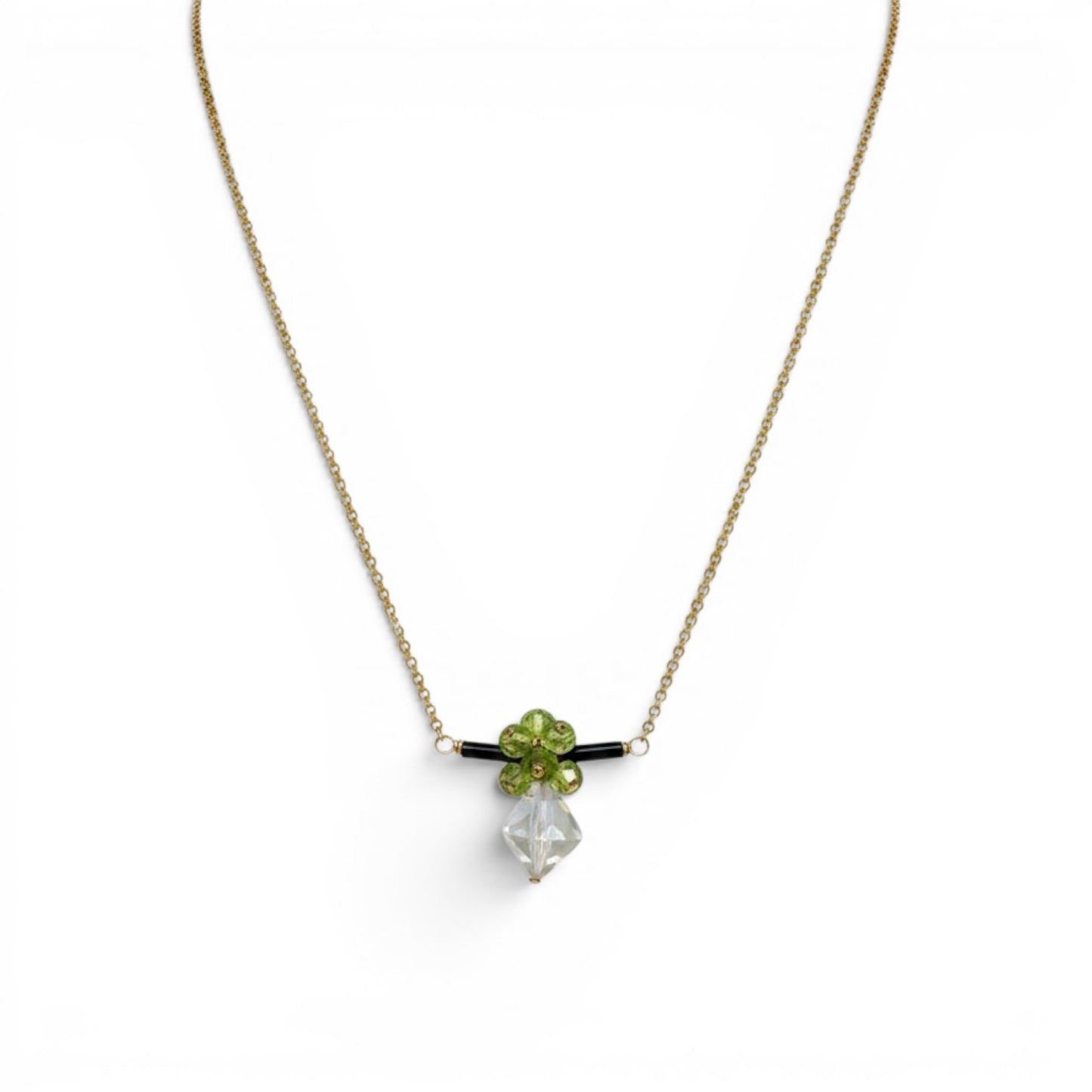 Trebor Style bar necklace featuring green peridot, dark tourmaline, and a praisiolite drop on a gold filled chain.