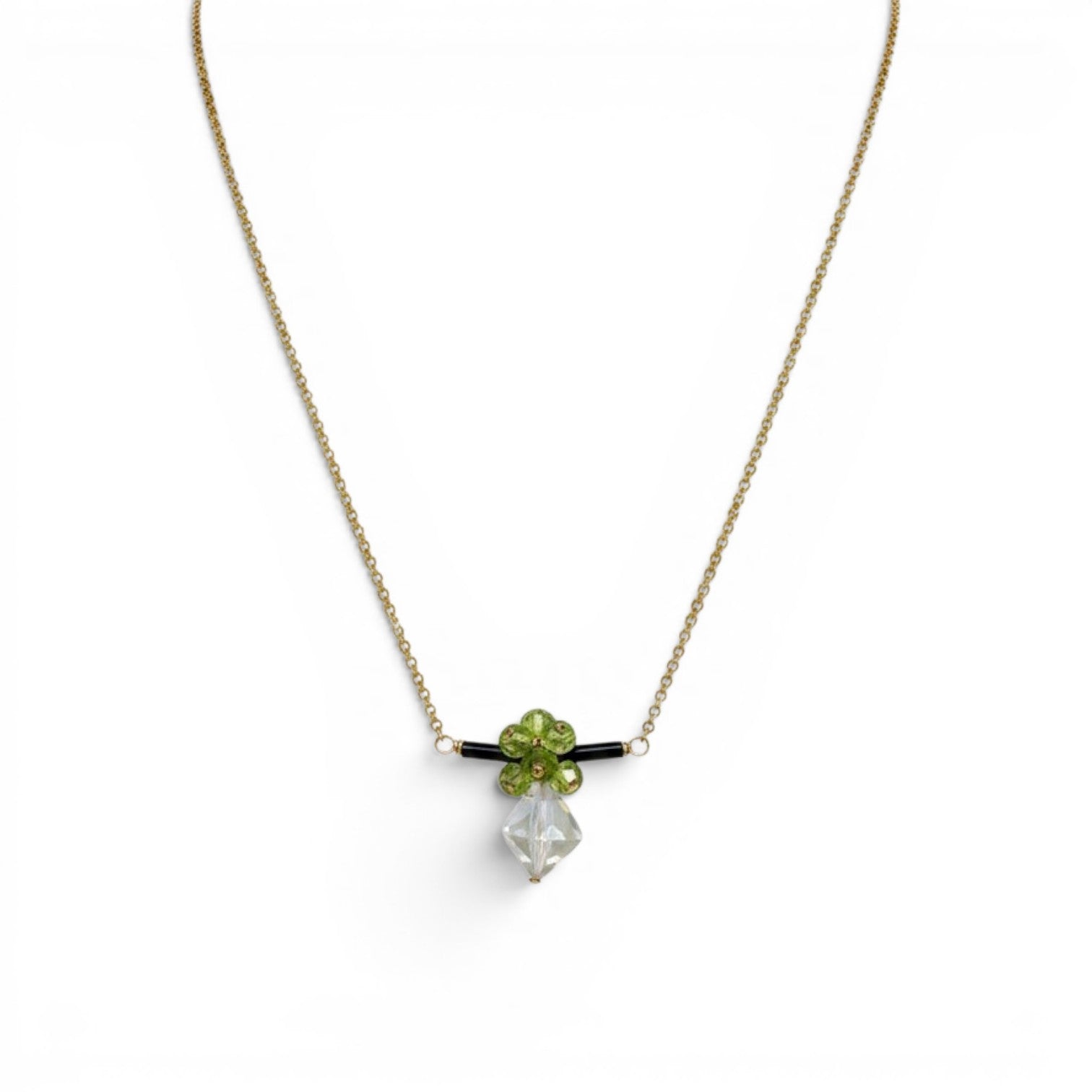 Trebor Style bar necklace featuring green peridot, dark tourmaline, and a praisiolite drop on a gold filled chain.