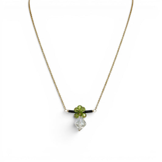 Trebor Style bar necklace featuring green peridot, dark tourmaline, and a praisiolite drop on a gold filled chain.