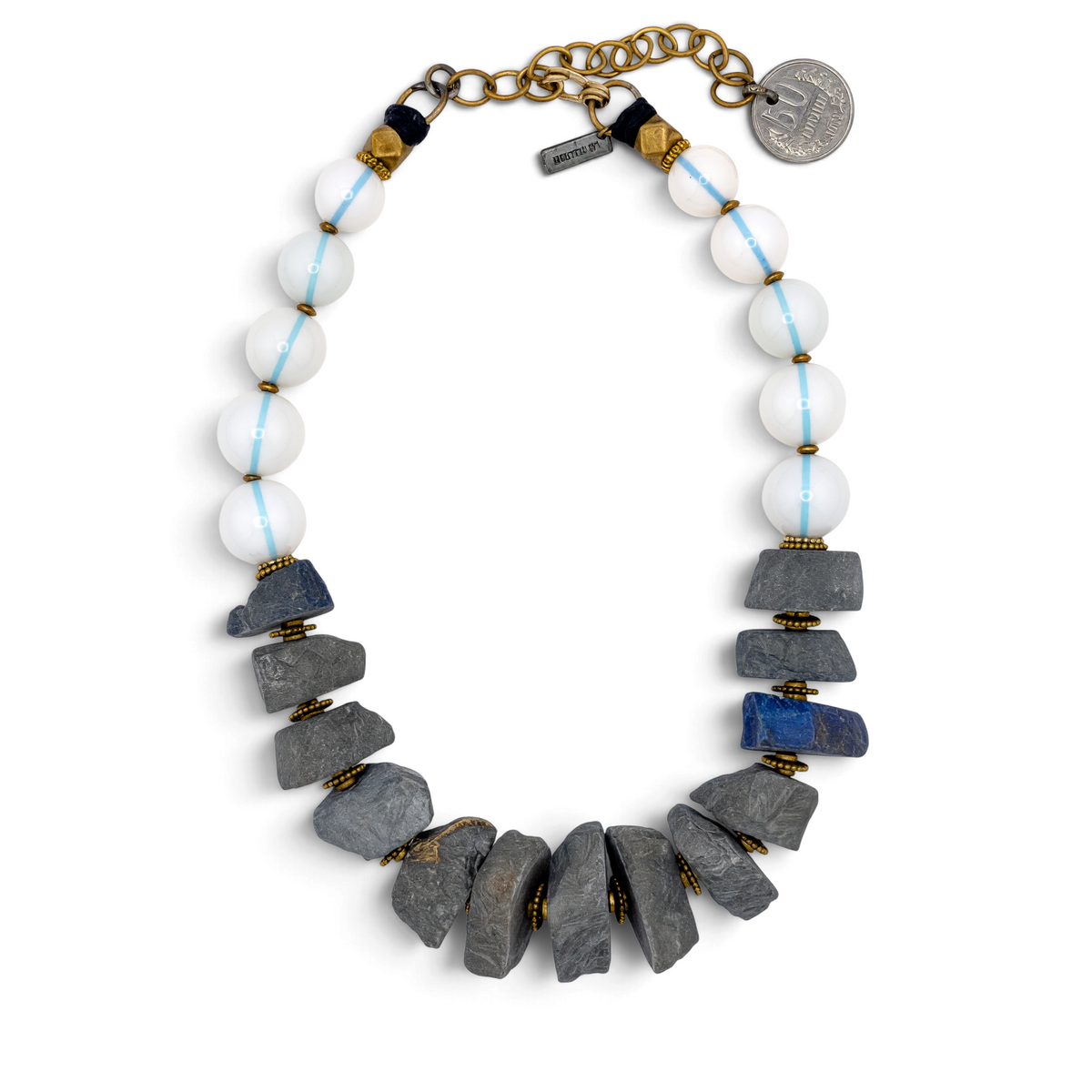 Trebor Style Masha Archer wreath necklace featuring grey pyrite nuggets, white opalite beads, and coin clasp detail.