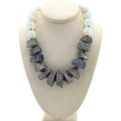 Trebor Style Masha Archer wreath necklace with grey pyrite nuggets and white opalite beads on a display bust