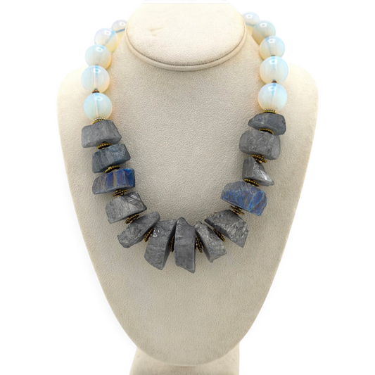Trebor Style Masha Archer wreath necklace with grey pyrite nuggets and white opalite beads on a display bust