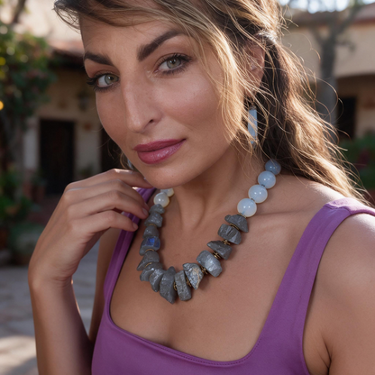 Trebor Style Masha Archer wreath necklace featuring grey pyrite nuggets and white opalite beads on a model