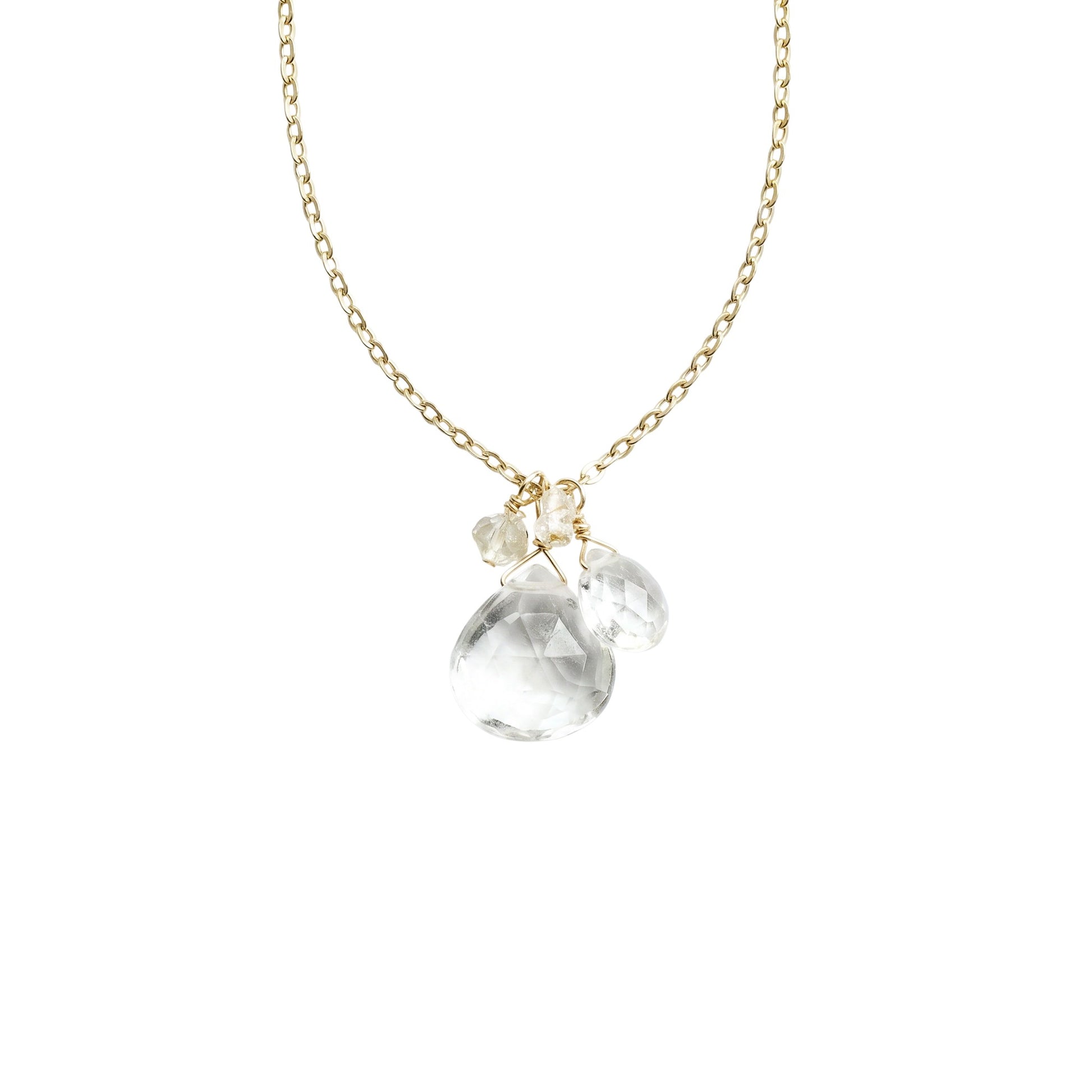 Trebor Style gold-filled necklace featuring a cluster of faceted quartz and diamond charms on an 18-inch chain.