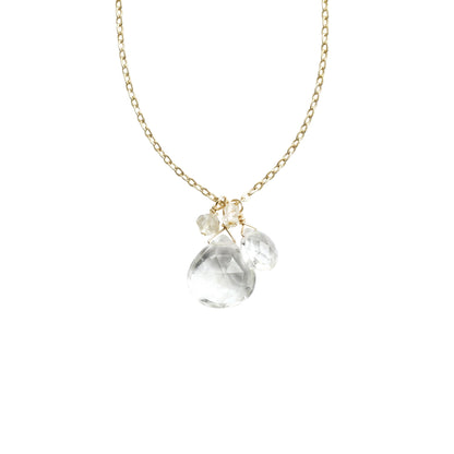 Trebor Style gold-filled necklace featuring a cluster of faceted quartz and diamond charms on an 18-inch chain.