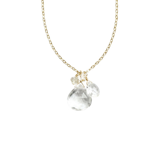 Trebor Style gold-filled necklace featuring a cluster of faceted quartz and diamond charms on an 18-inch chain.