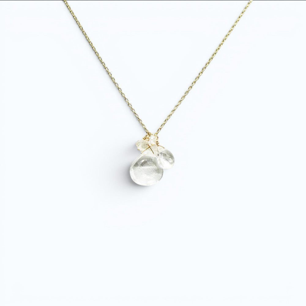 Trebor Style handmade gold-filled necklace featuring a delicate cluster of clear quartz and diamond gemstones.