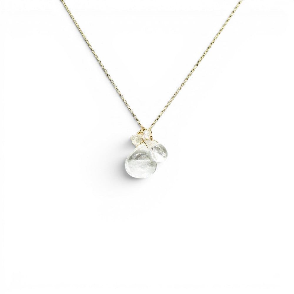 Trebor Style gold-filled necklace featuring a delicate cluster of clear quartz and diamond stones on an 18-inch chain.