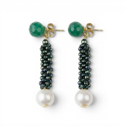 Trebor Style Rajola drop earrings featuring green agate, hematite beads, and white pearls with 18k yellow gold posts.