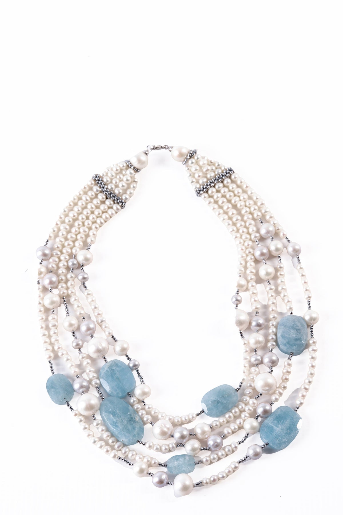 Trebor Style Rajola multi-strand necklace featuring white and gray freshwater pearls, aquamarine, and hematite accents.