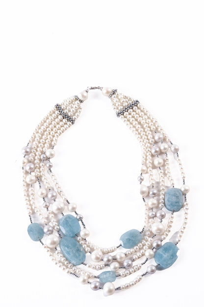 Trebor Style Rajola multi-strand necklace featuring white and gray freshwater pearls, aquamarine, and hematite accents.