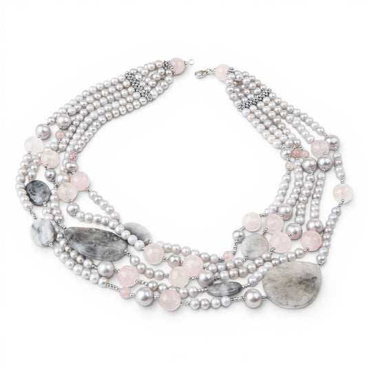 Trebor Style Rajola multi-strand necklace featuring grey pearls, pink and grey cloud quartz, and 18k white gold accents.