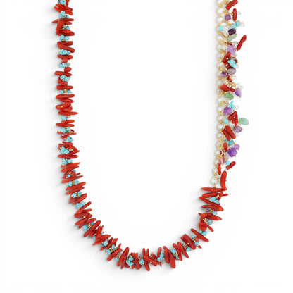 Trebor Style Gloria necklace featuring red coral, turquoise, amethyst, and prehnite beads on gold-plated 925 silver.