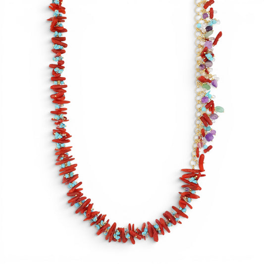 Trebor Style Gloria necklace featuring red coral, turquoise, amethyst, and prehnite beads on gold-plated 925 silver.