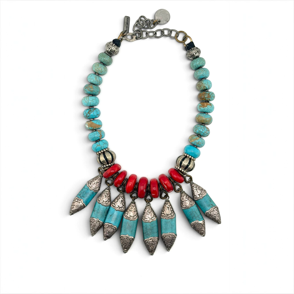 Trebor Style Masha Archer statement necklace featuring red coral beads, turquoise rondelles, and silver animal charms.