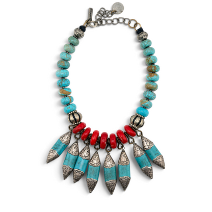 Trebor Style Masha Archer statement necklace with red coral, turquoise rondelles, and Tibetan silver fringe pendants.