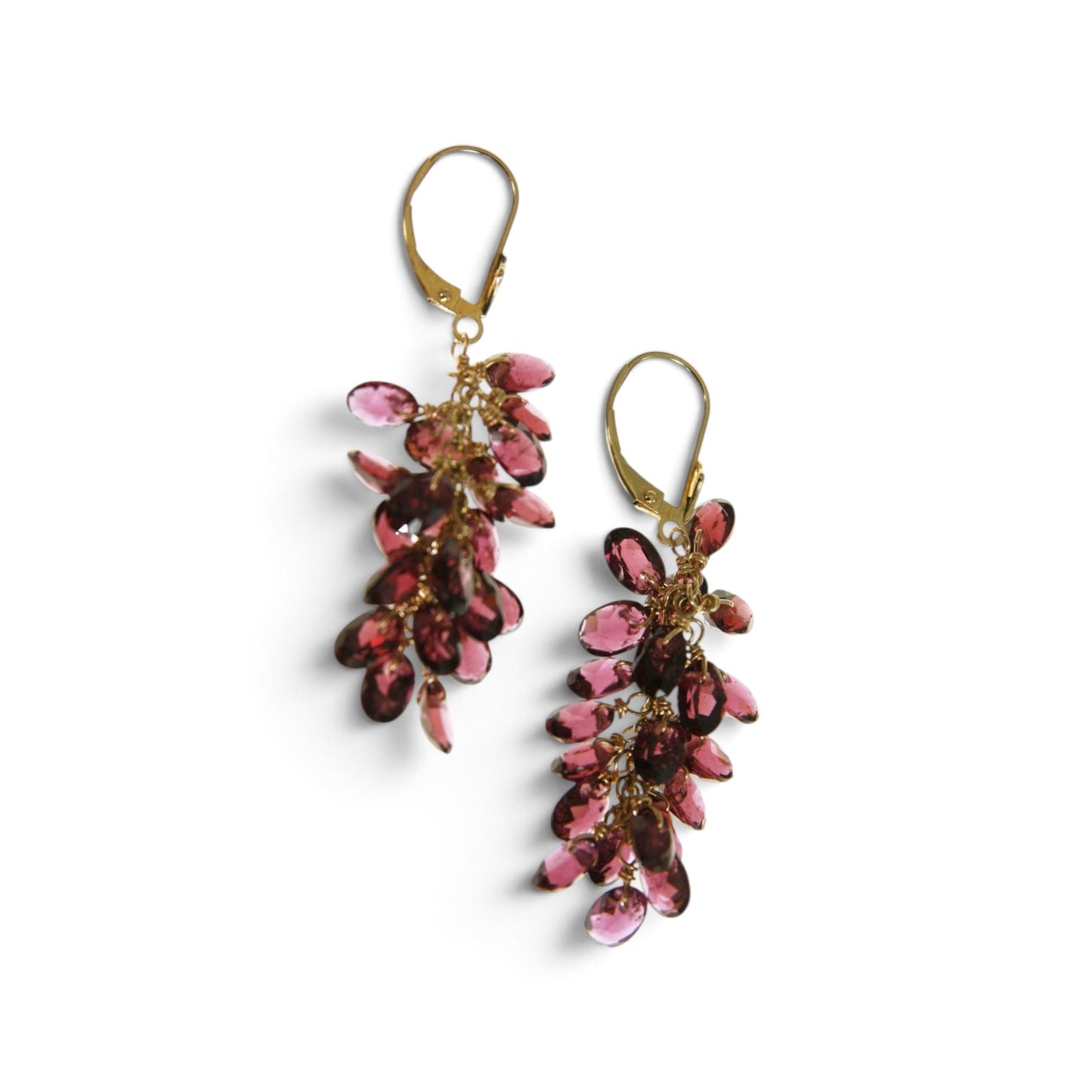 Trebor Style 14k yellow gold drop earrings featuring a cluster of faceted red rhodolite garnet gemstones.