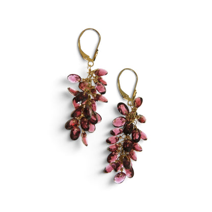 Trebor Style 14k yellow gold drop earrings featuring a cluster of faceted red rhodolite garnet gemstones.