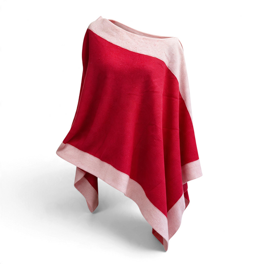 Trebor Style two-tone red and pink cashmere blend poncho with a soft wool fleece texture and draped design.