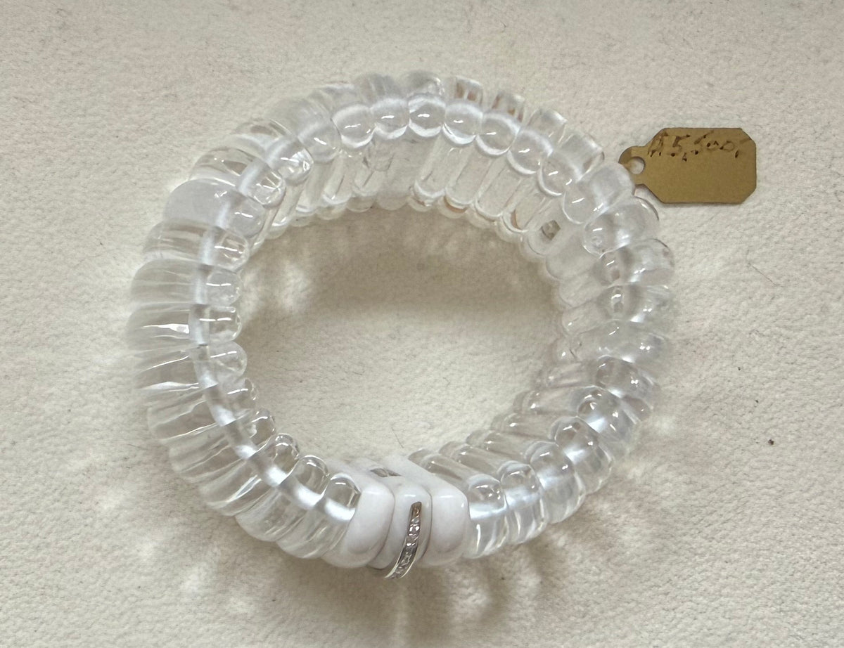 Trebor Style artisan cuff bracelet featuring hand-cut clear rock crystal, white agate, and diamond accents.