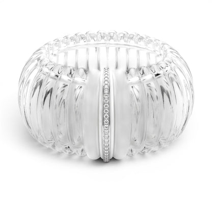 Trebor Style hand-cut rock crystal cuff bracelet with white agate gemstones and a diamond-encrusted center band.