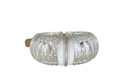 Trebor Style hand-cut rock crystal cuff bracelet featuring white agate stones and a diamond-encrusted center band.