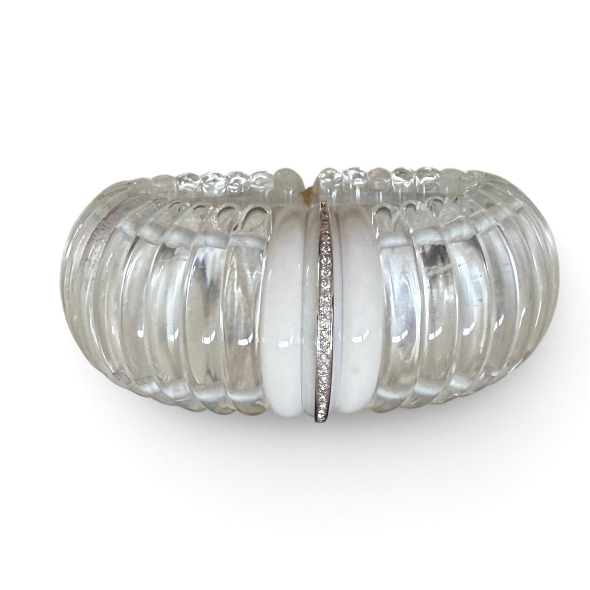Trebor Style artisan cuff bracelet featuring hand-cut rock crystal, white agate, and a diamond-encrusted center band.