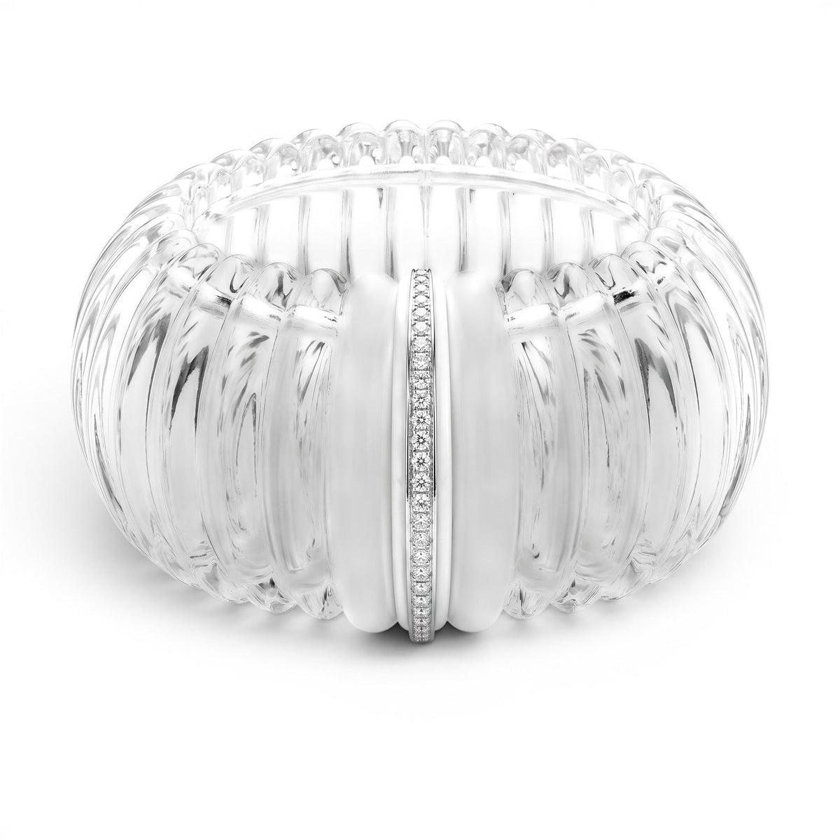 Trebor Style hand-cut rock crystal cuff bracelet with white agate gemstones and a diamond-encrusted center band.