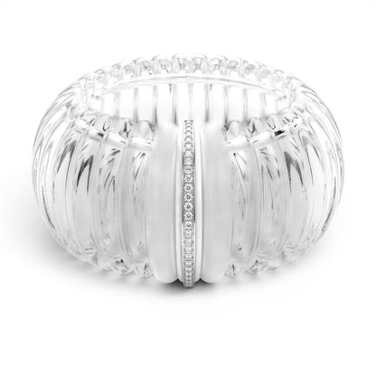 Trebor Style hand-cut rock crystal cuff bracelet with white agate gemstones and a diamond-encrusted center band.