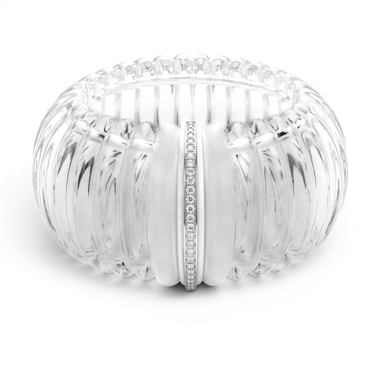 Trebor Style hand-cut rock crystal cuff bracelet with white agate gemstones and a diamond-encrusted center band.
