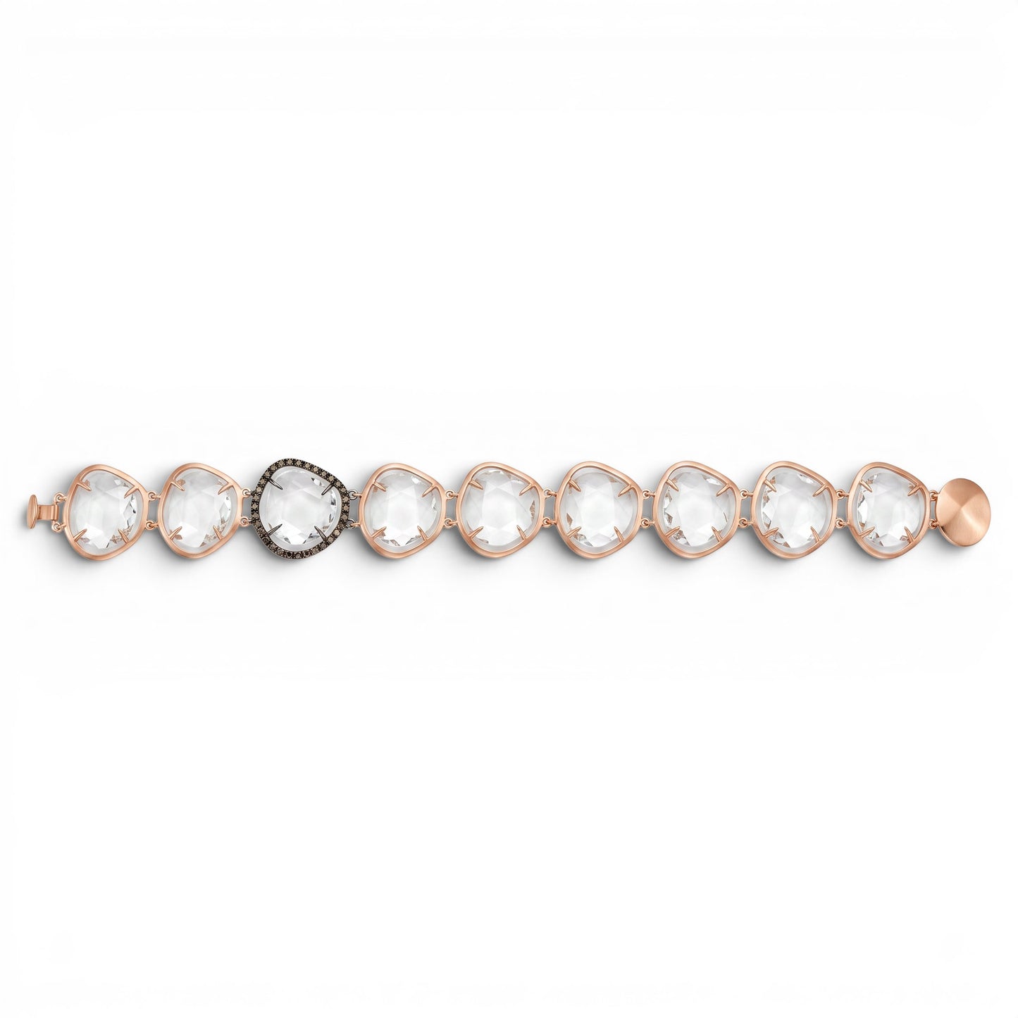 Trebor Style tennis bracelet featuring cushion cut rock crystal and black diamond in 18k brushed rose gold.