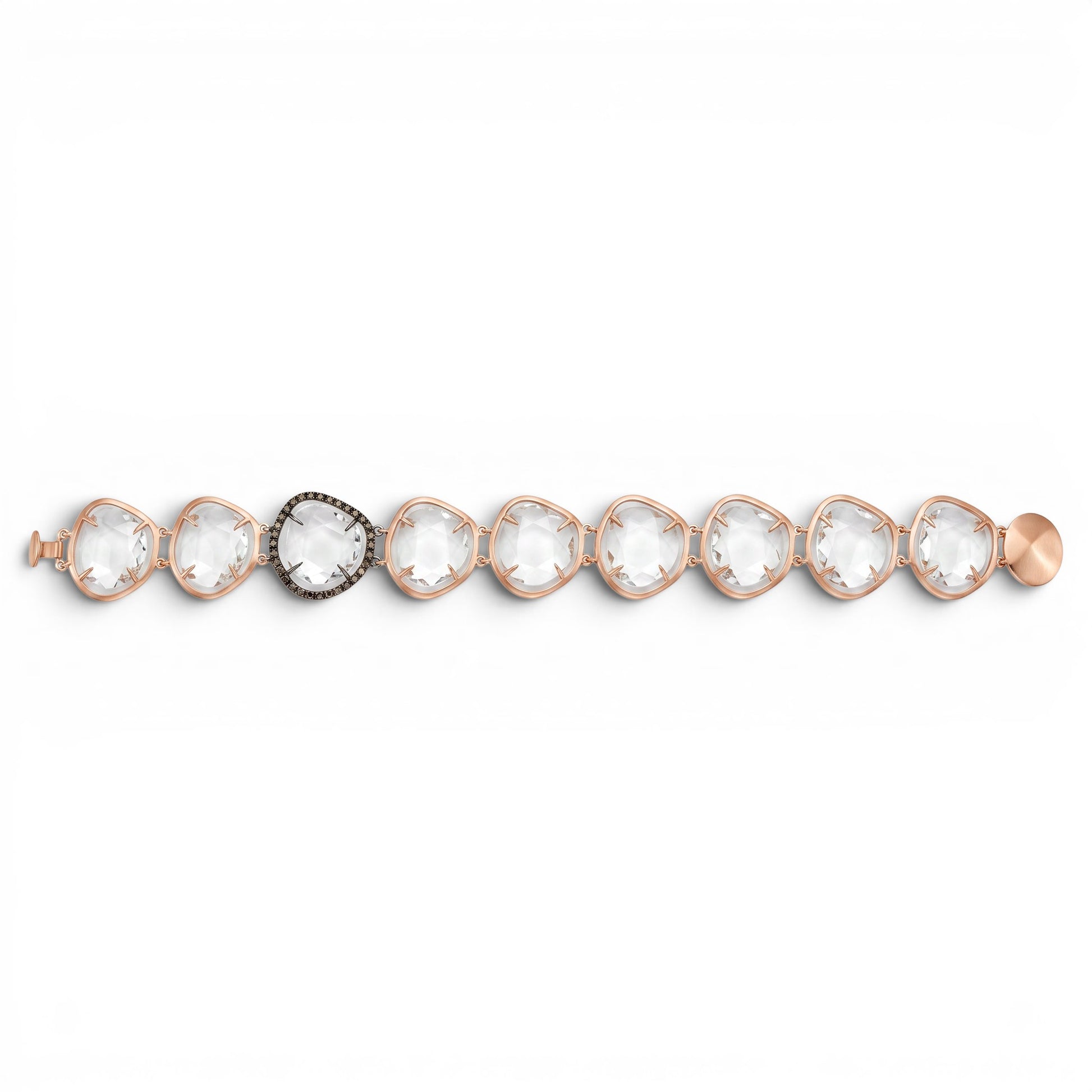 Trebor Style tennis bracelet featuring cushion cut rock crystal and black diamond in 18k brushed rose gold.