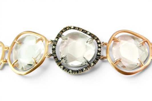 Trebor Style tennis bracelet featuring cushion cut rock crystal in brushed 18k rose gold with black diamond accents.