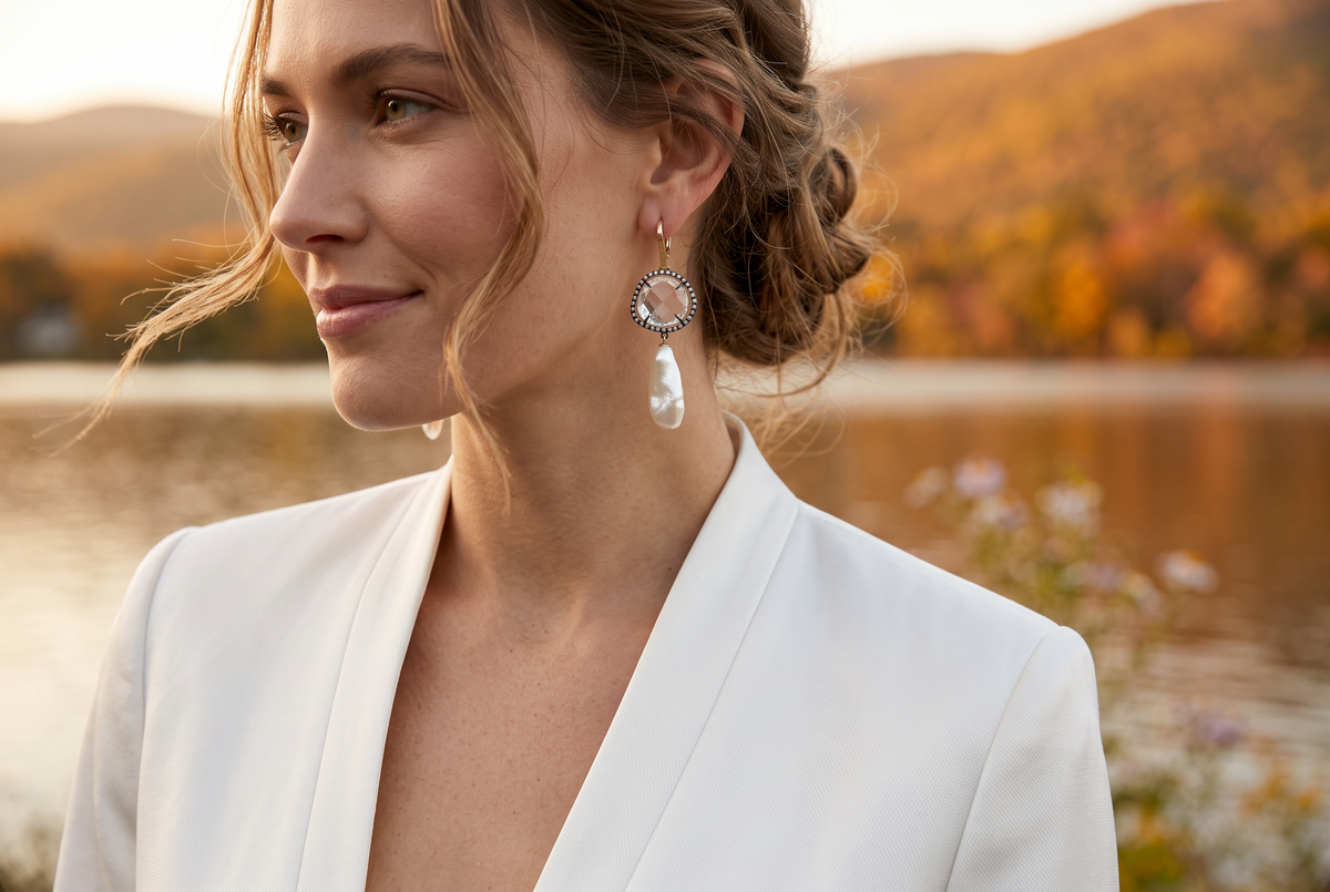 Trebor Style 18k rose gold drop earrings with cushion cut rock crystal, black diamonds, and pink keshi pearls on model