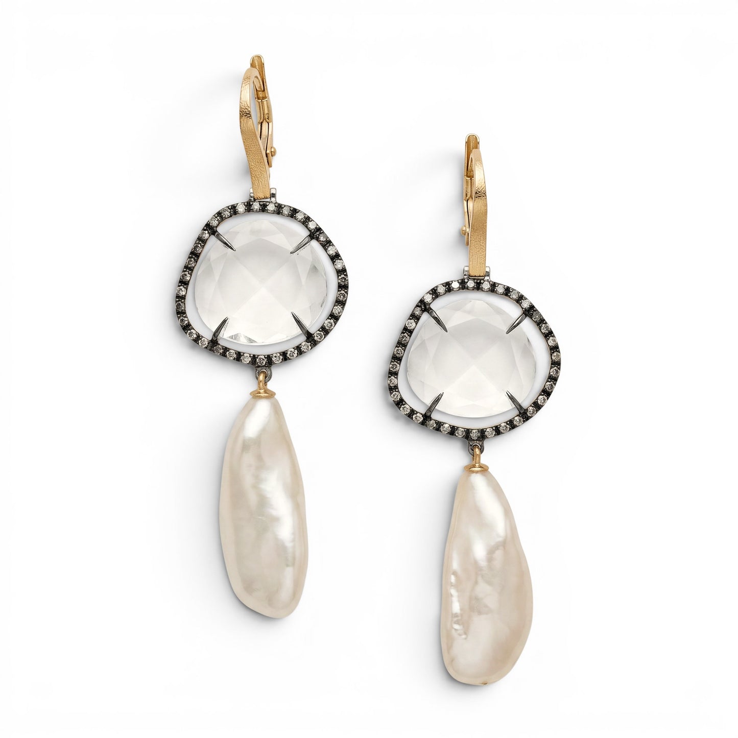 Trebor Style 18k rose gold drop earrings featuring cushion cut rock crystal, black diamond pave, and pink keshi pearls.