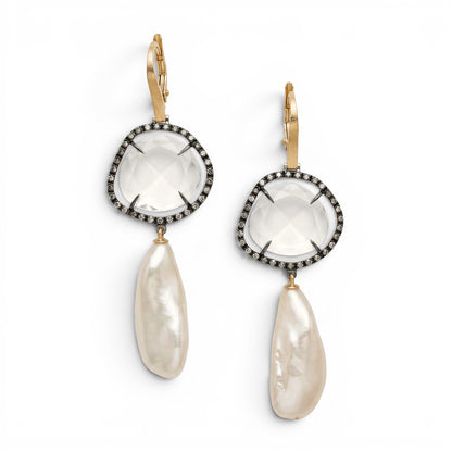 Trebor Style 18k rose gold drop earrings featuring cushion cut rock crystal, black diamond pave, and pink keshi pearls.