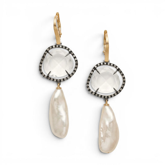 Trebor Style 18k rose gold drop earrings featuring cushion cut rock crystal, black diamond pave, and pink keshi pearls.