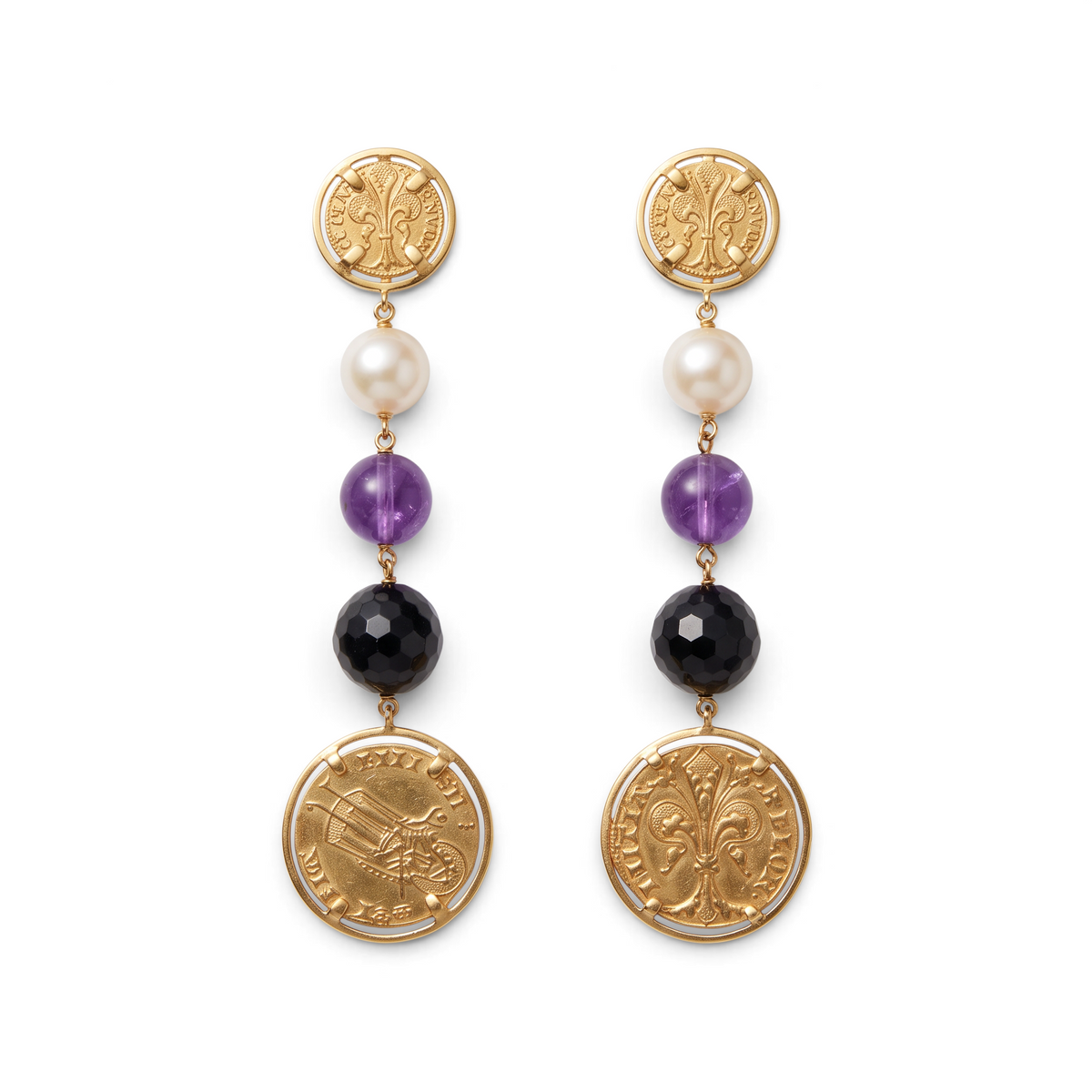 Trebor Style 18k gold chandelier earrings featuring Roman coins, cultured pearls, purple amethyst, and black onyx.