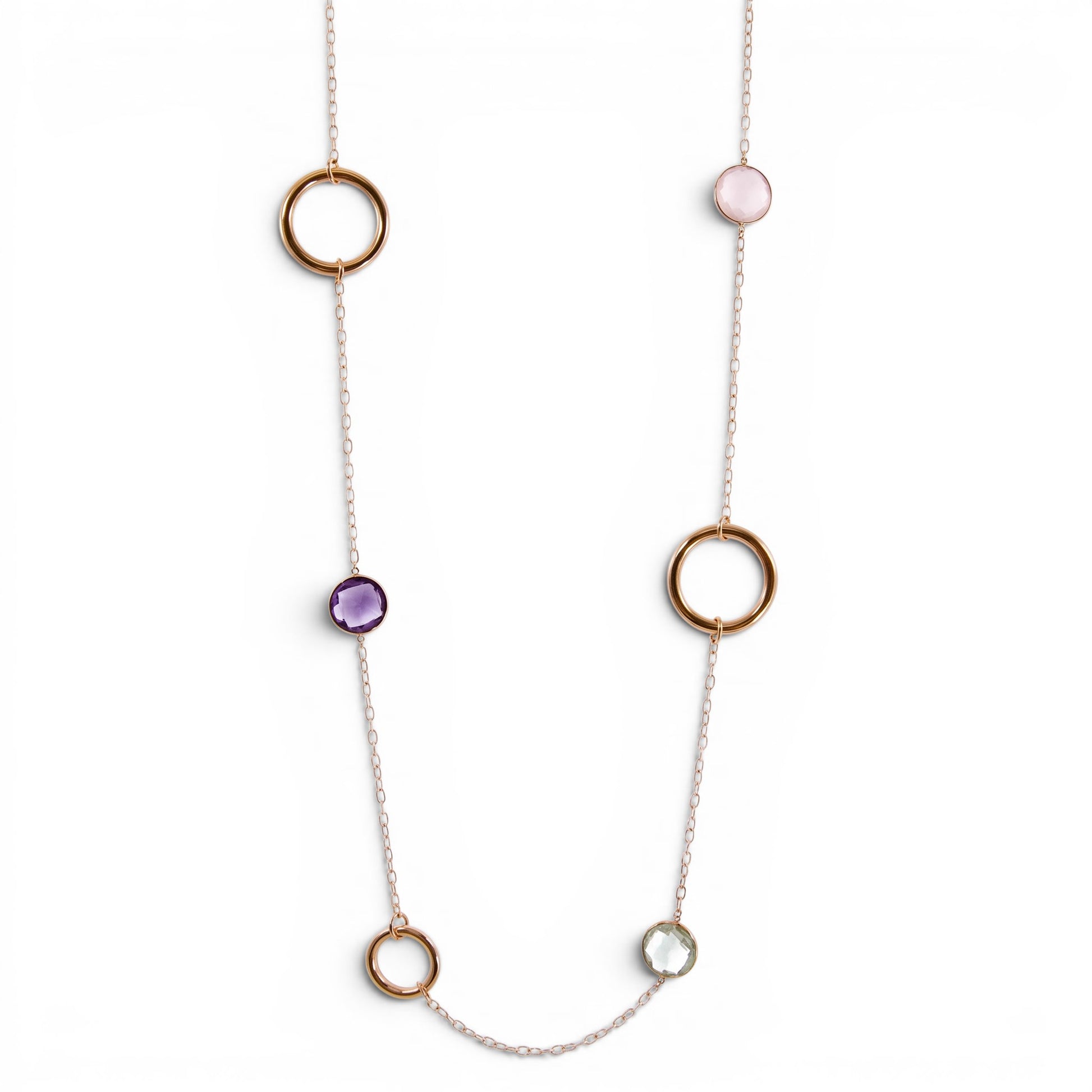 Trebor Style long 18k rose gold chain necklace with bezel set pink quartz, green and purple amethyst gemstones.