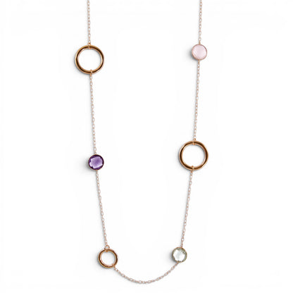 Trebor Style long 18k rose gold chain necklace with bezel set pink quartz, green and purple amethyst gemstones.