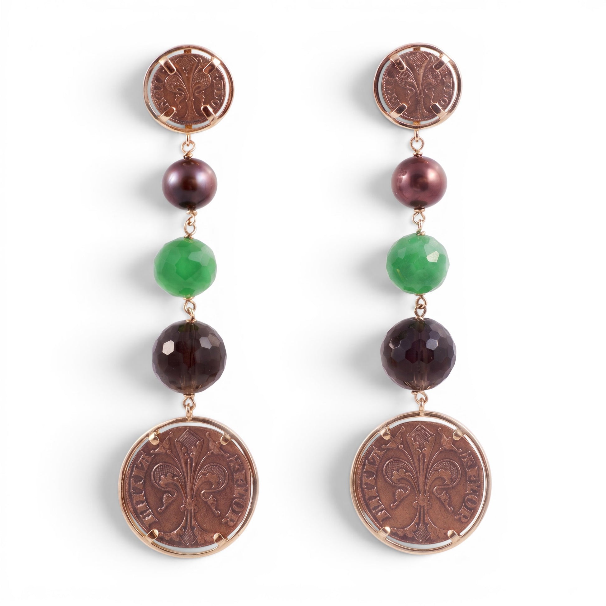 Trebor Style 18k rose gold chandelier earrings with bronze pearls, green jade, smokey quartz, and Roman coin drops.
