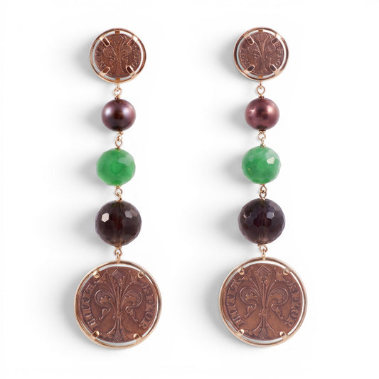 Trebor Style 18k rose gold chandelier earrings with bronze pearls, green jade, smokey quartz, and Roman coin drops.