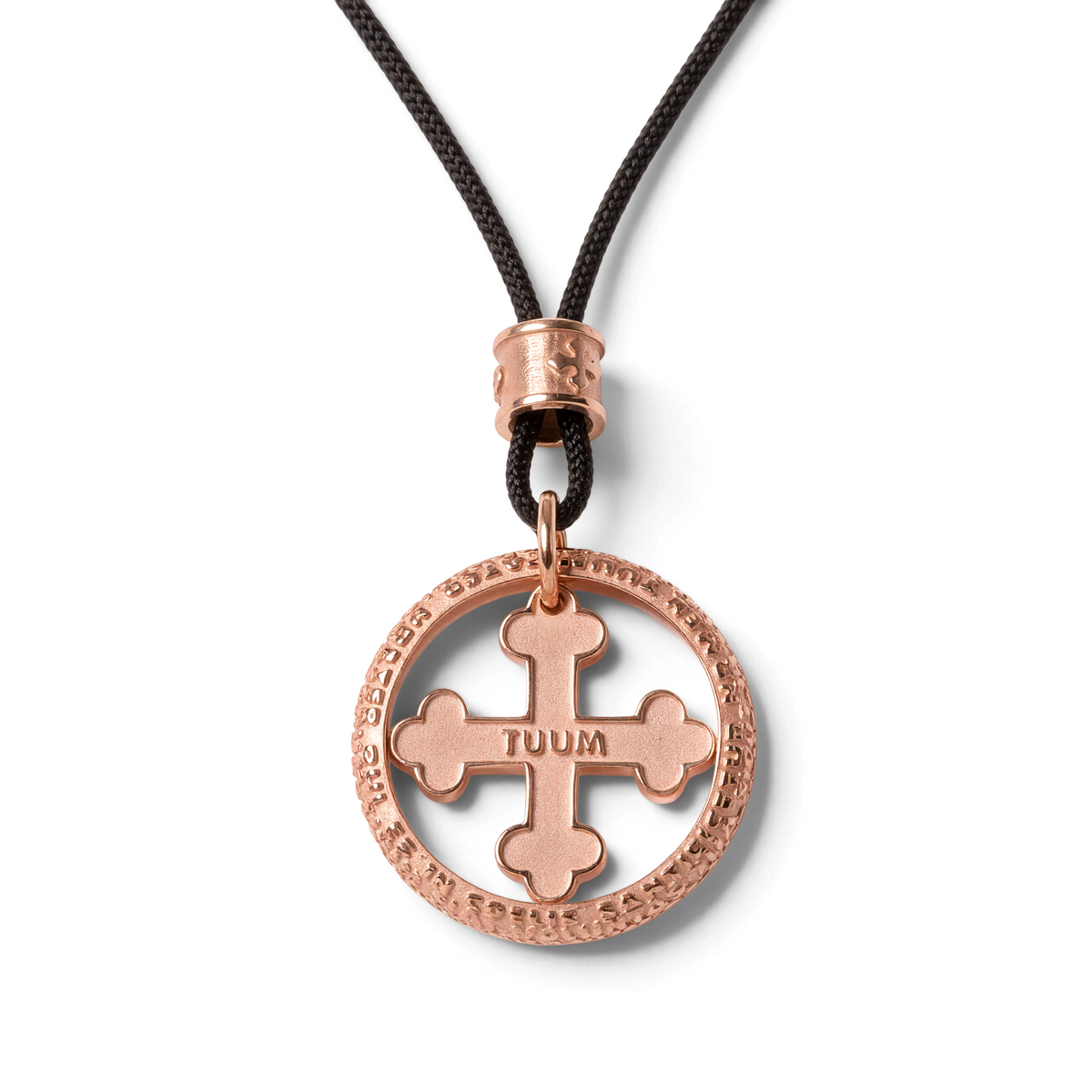 Trebor Style TUUM rose gold plated sterling silver Flore Lux pendant necklace with engraved Pater Noster prayer text.