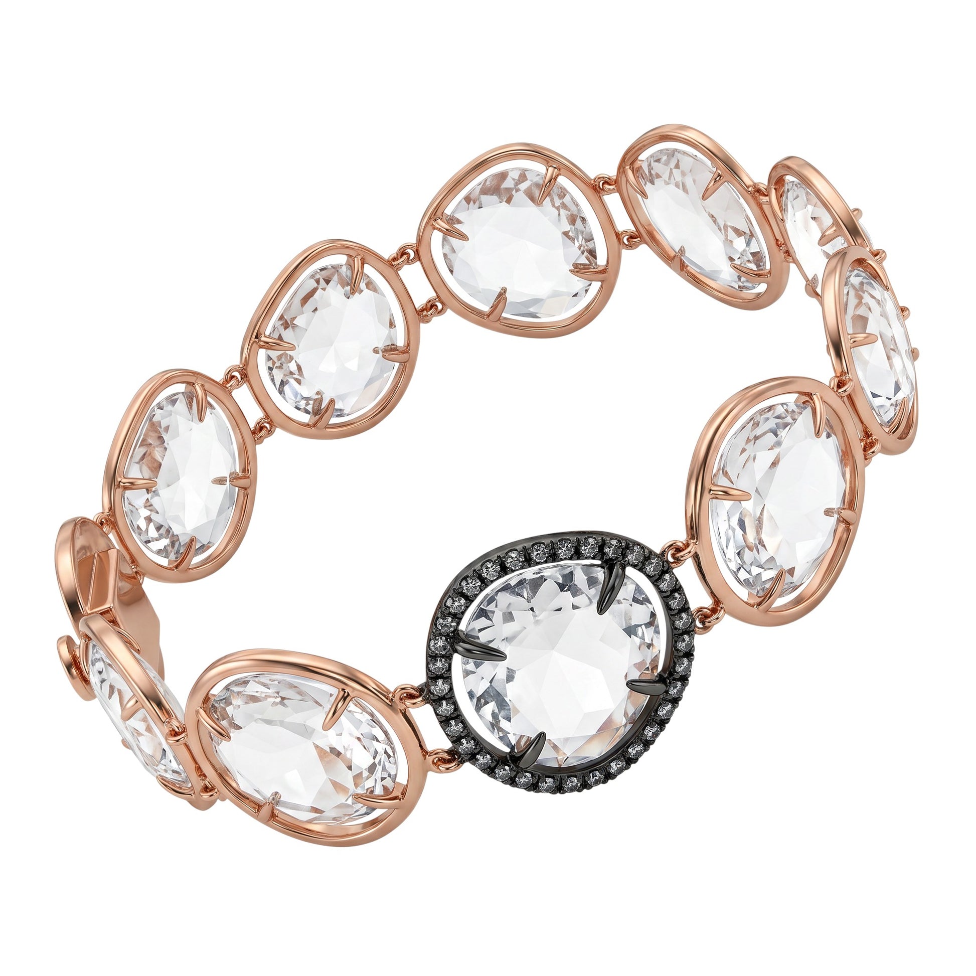 Trebor Style 18k rose gold tennis bracelet featuring cushion cut rock crystal and a black diamond pave accent link.