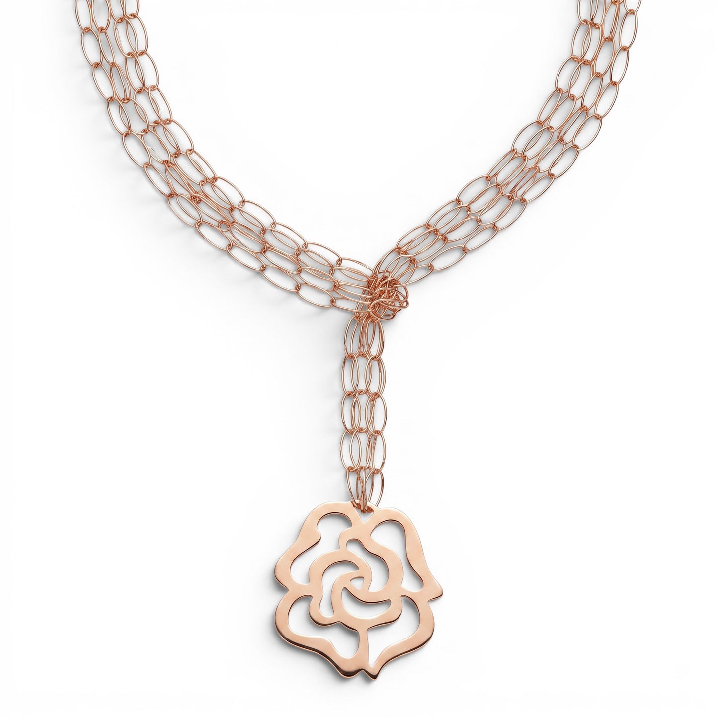 Trebor Style rose gold plated sterling silver 3-strand lariat necklace with a laser cut flower pendant.