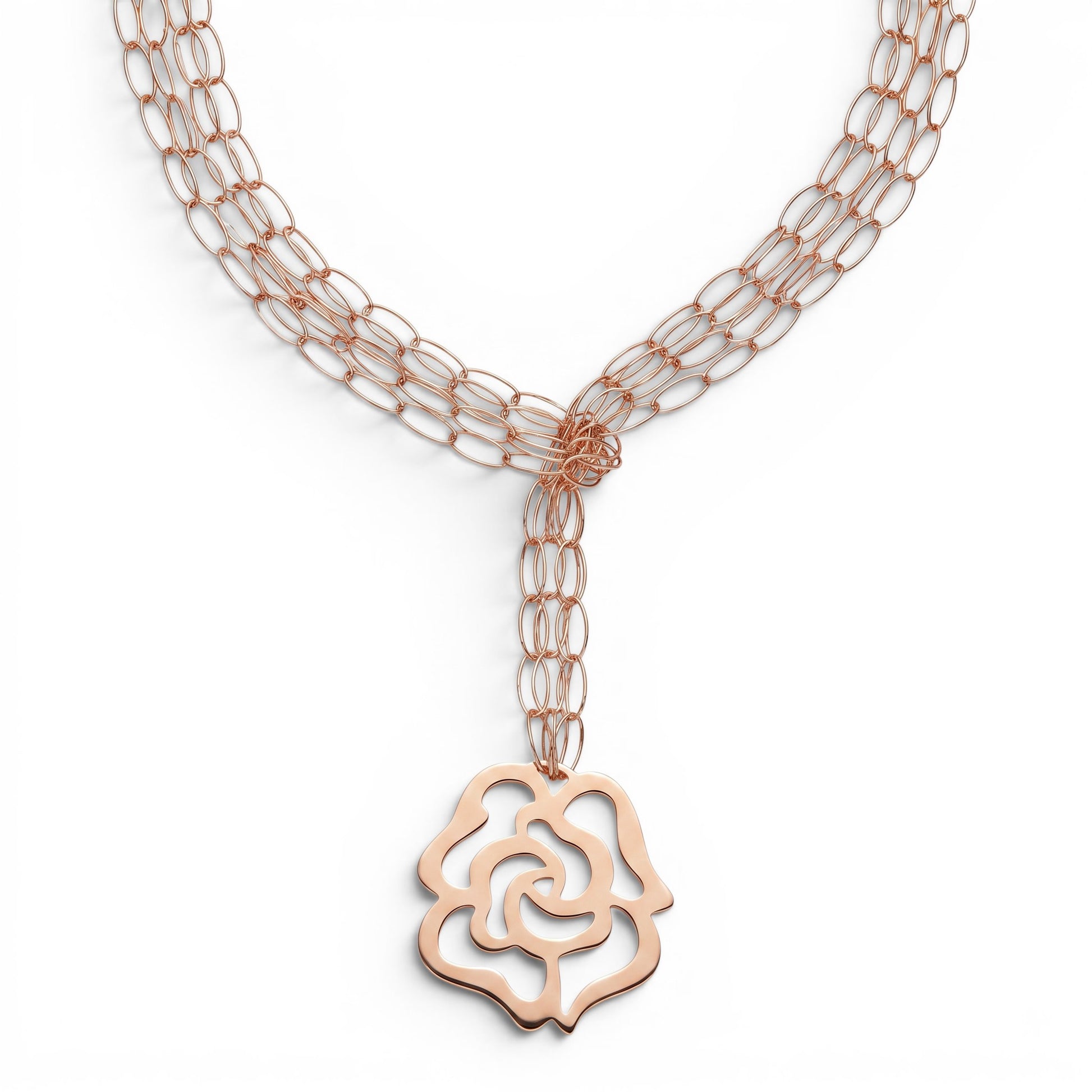 Trebor Style rose gold plated sterling silver 3-strand lariat necklace with a laser cut flower pendant.