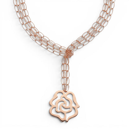 Trebor Style rose gold plated sterling silver 3-strand lariat necklace with a laser cut flower pendant.
