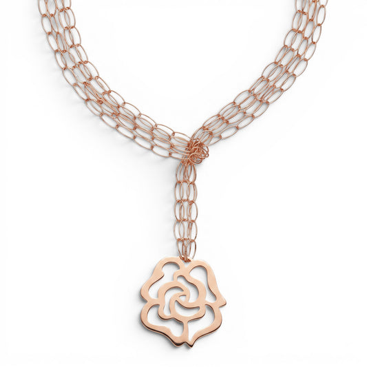 Trebor Style rose gold plated sterling silver 3-strand lariat necklace with a laser cut flower pendant.