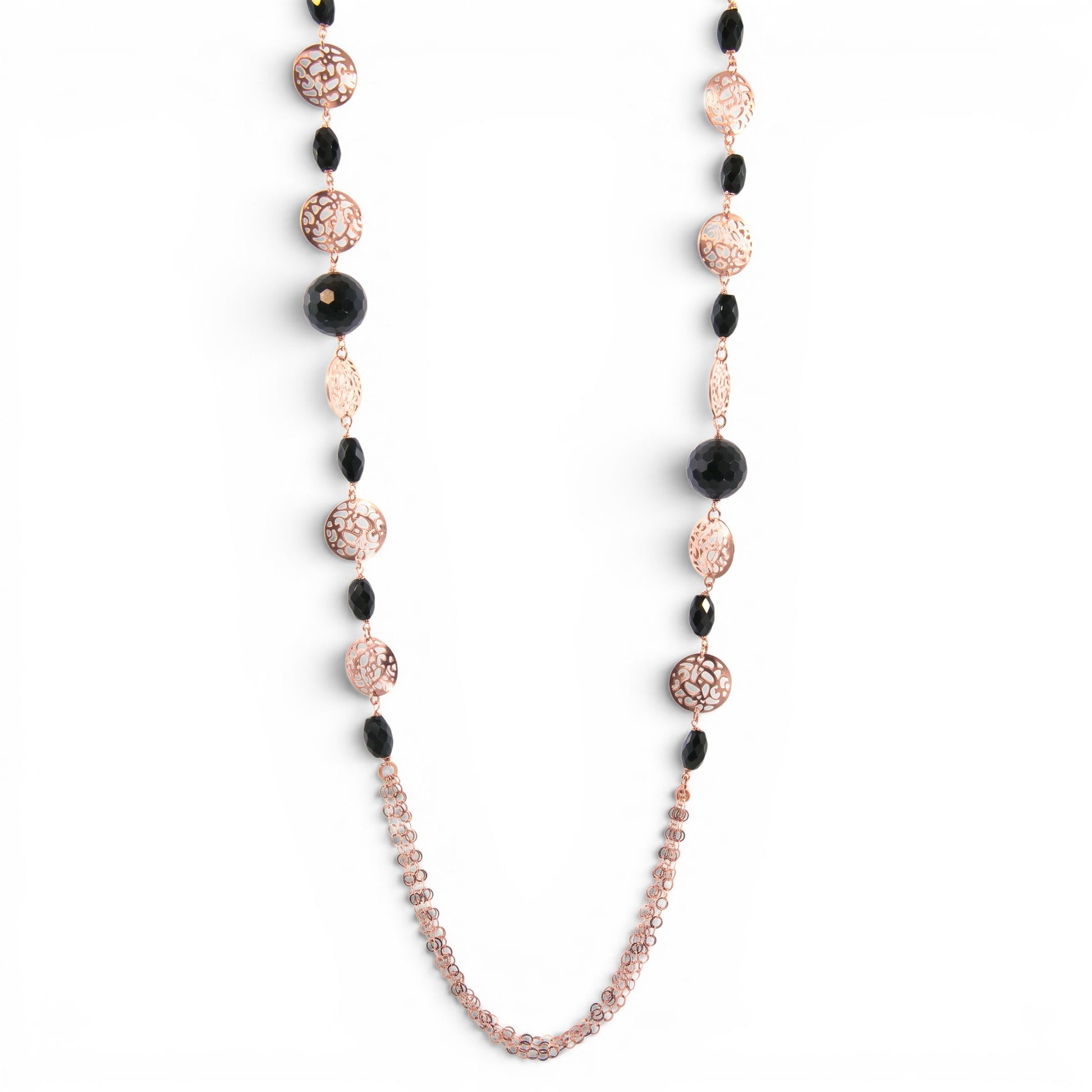 Trebor Style long rose gold plated necklace featuring black onyx beads and intricate openwork filigree metal accents.