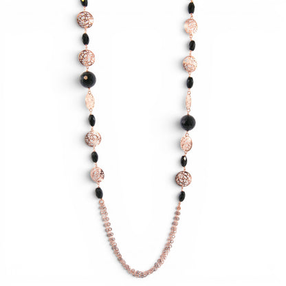 Trebor Style long rose gold plated necklace featuring black onyx beads and intricate openwork filigree metal accents.